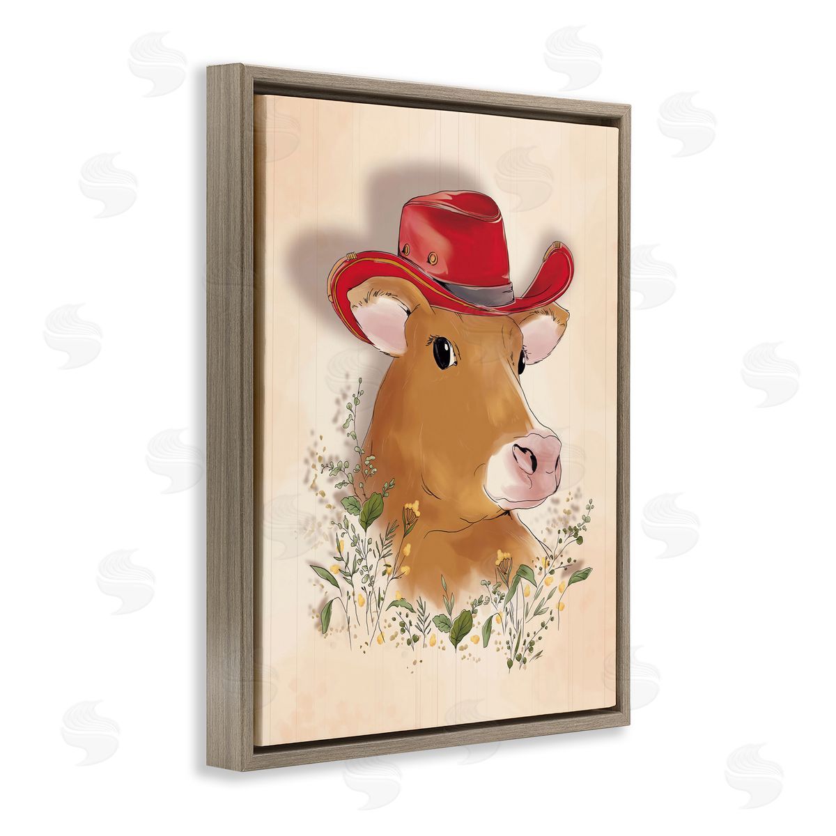 Andrea Jasid Grassi Cow with Red Cowboy Hat Brown Floating Frame Canvas Wall Art Print