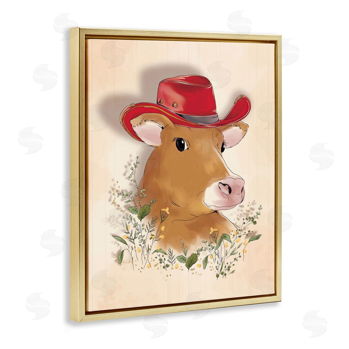 Andrea Jasid Grassi Cow with Red Cowboy Hat Gold Floating Frame Canvas Wall Art Print
