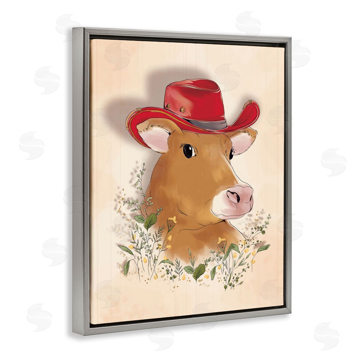 Andrea Jasid Grassi Cow with Red Cowboy Hat Gray Floating Frame Canvas Wall Art Print