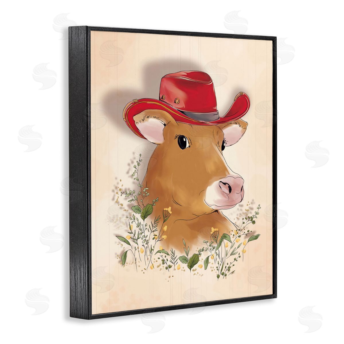 Andrea Jasid Grassi Cow with Red Cowboy Hat Black Framed Giclee Wall Art Print