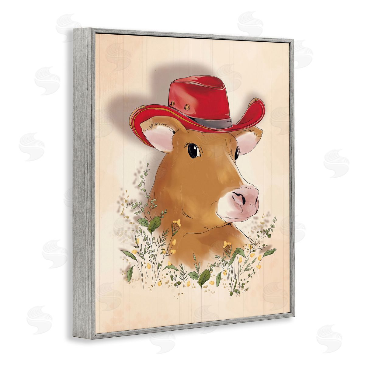 Andrea Jasid Grassi Cow with Red Cowboy Hat Gray Framed Giclee Wall Art Print