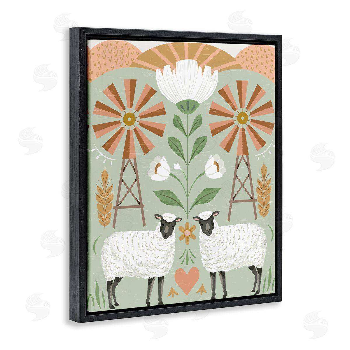 Arrolynn Weiderhold Sheep & Windmill Pattern Black Floating Frame Canvas Wall Art Print