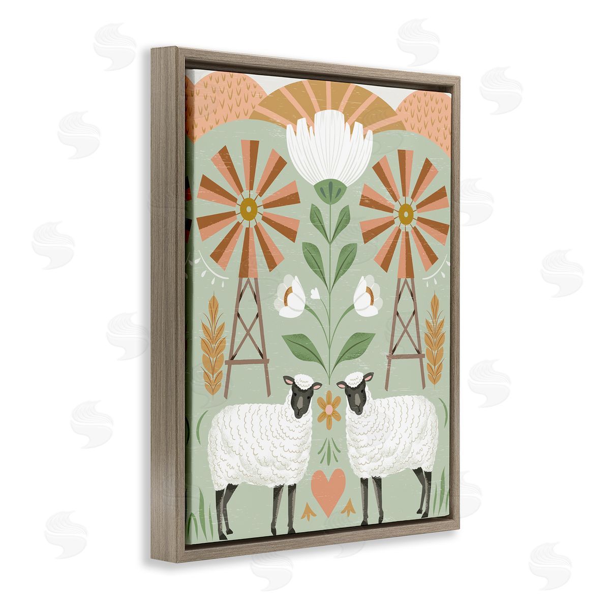 Arrolynn Weiderhold Sheep & Windmill Pattern Brown Floating Frame Canvas Wall Art Print