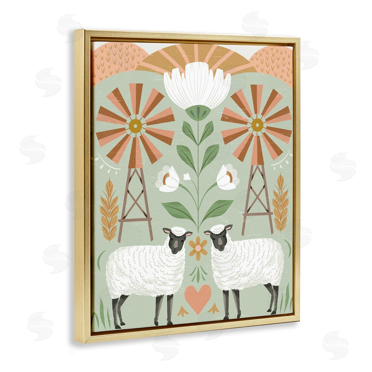 Arrolynn Weiderhold Sheep & Windmill Pattern Gold Floating Frame Canvas Wall Art Print