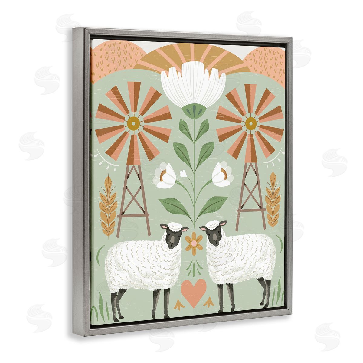 Arrolynn Weiderhold Sheep & Windmill Pattern Gray Floating Frame Canvas Wall Art Print