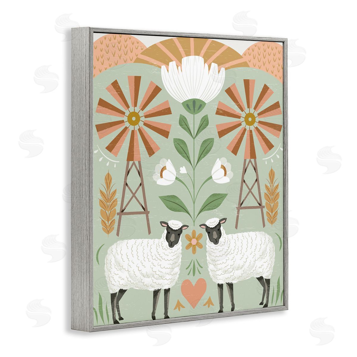 Arrolynn Weiderhold Sheep & Windmill Pattern Gray Framed Giclee Wall Art Print
