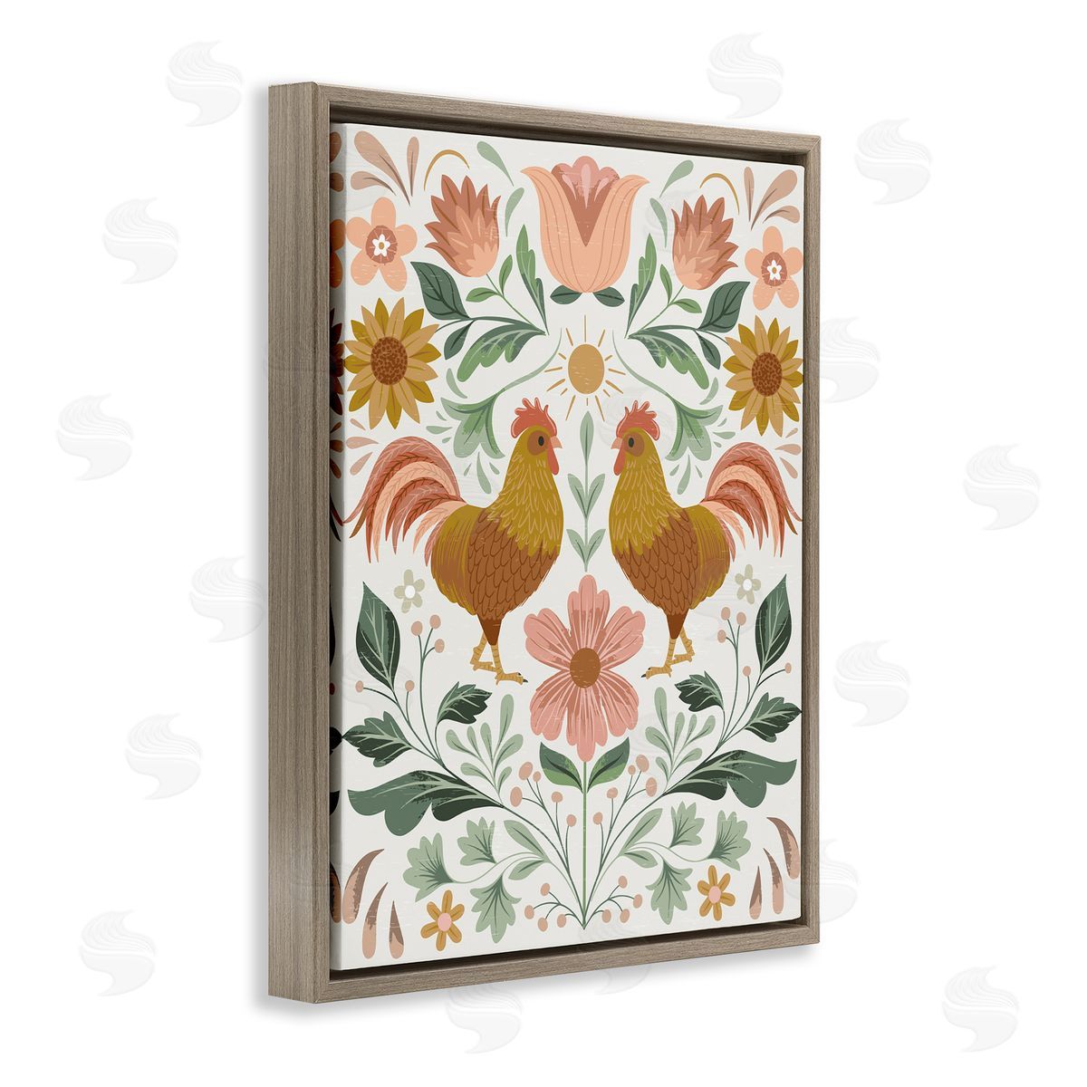 Arrolynn Weiderhold Hen & Florals Pattern Brown Floating Frame Canvas Wall Art Print