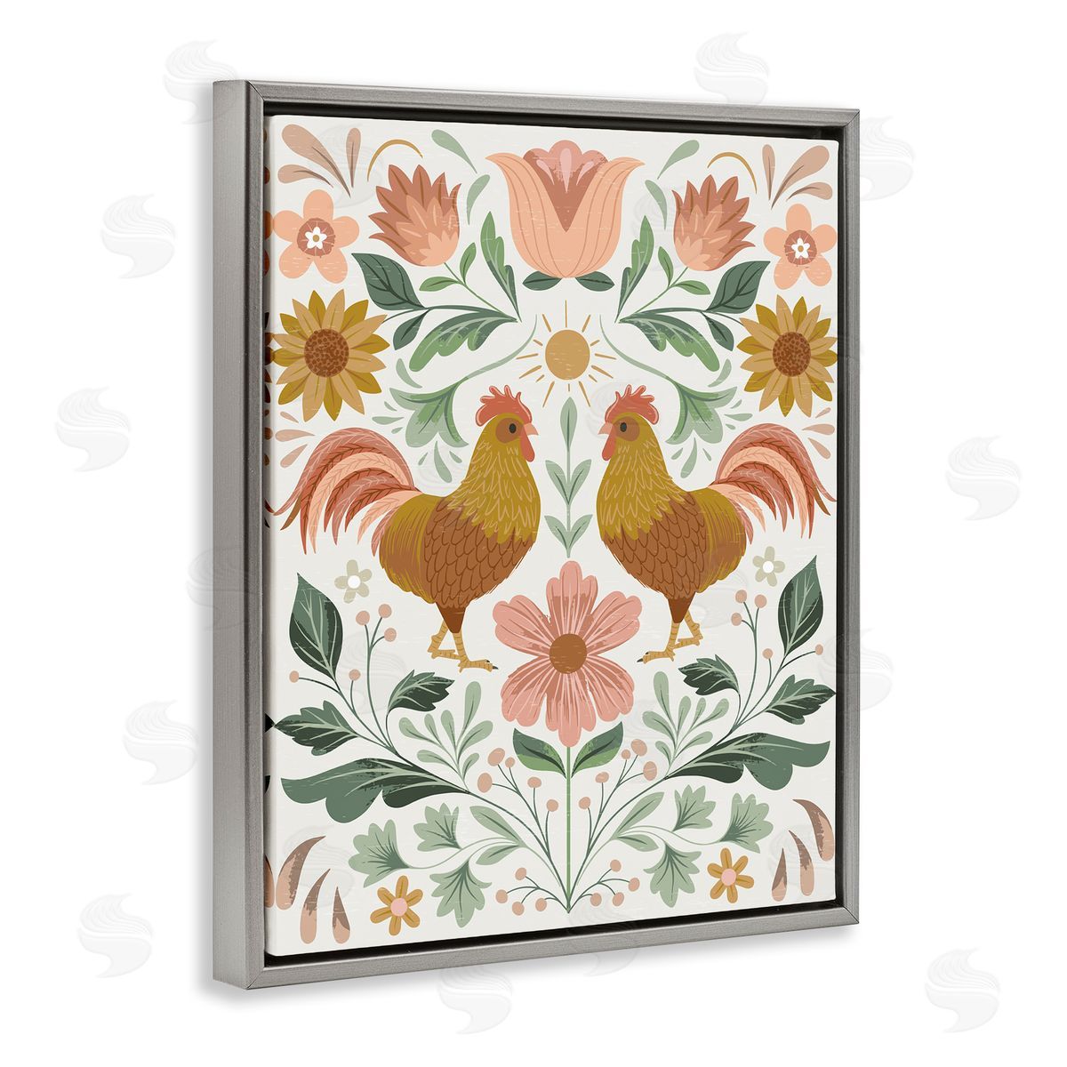 Arrolynn Weiderhold Hen & Florals Pattern Gray Floating Frame Canvas Wall Art Print