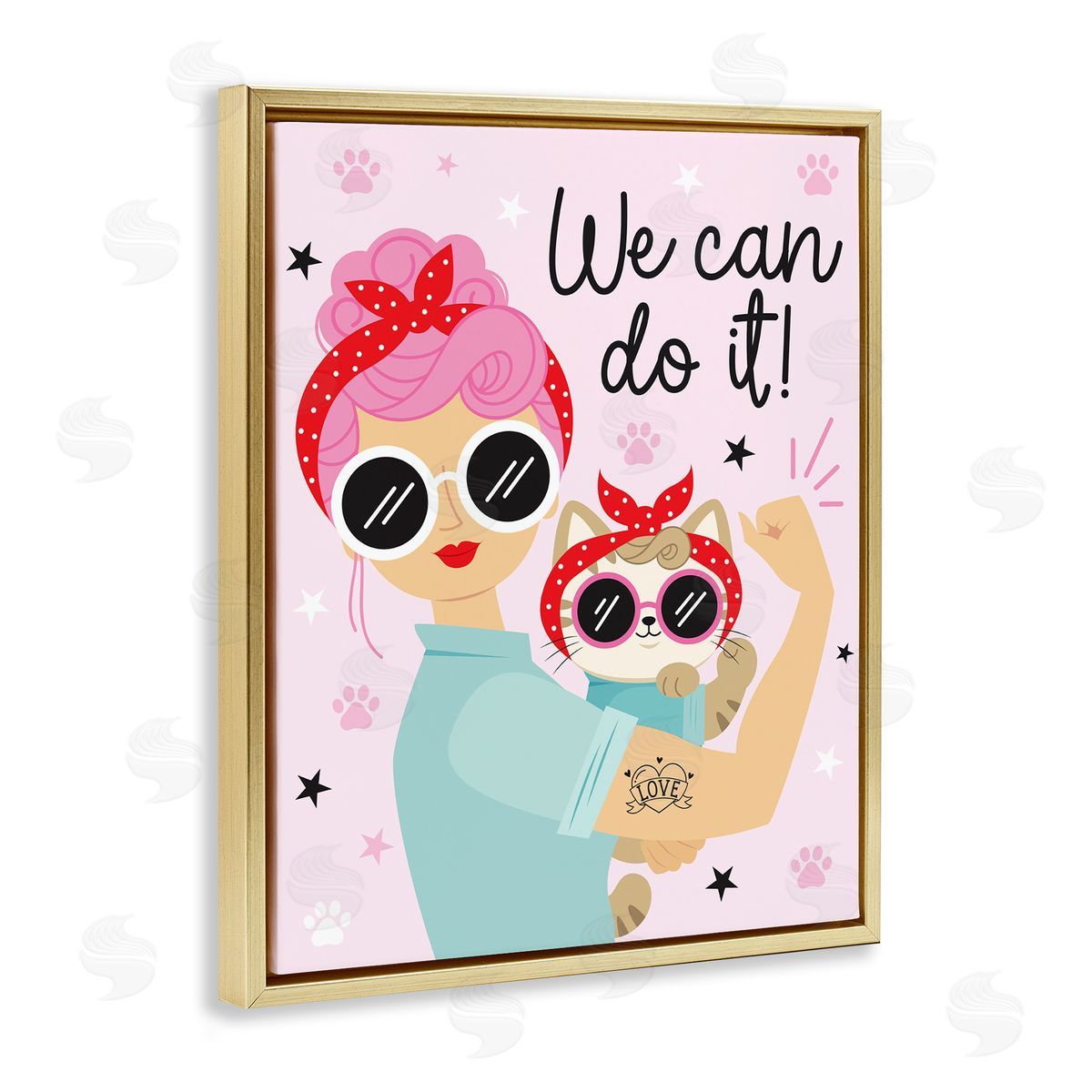 Ilis Avilés We Can Girl & Cat Gold Floating Frame Canvas Wall Art Print