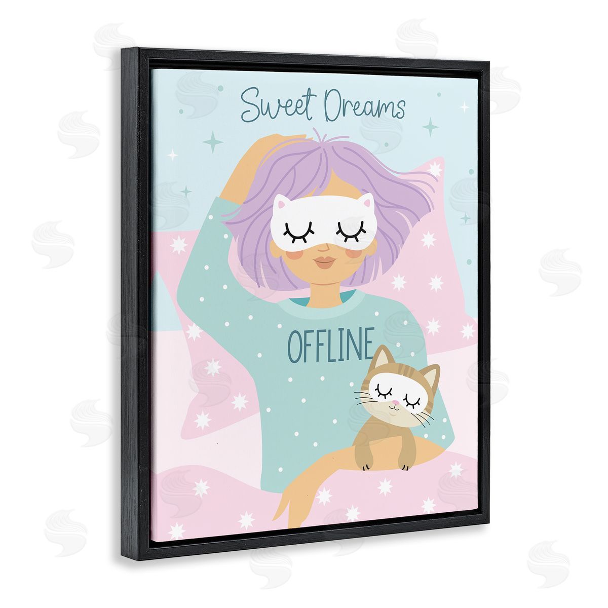 Ilis Avilés Sweet Dreams Girl & Cat Black Floating Frame Canvas Wall Art Print