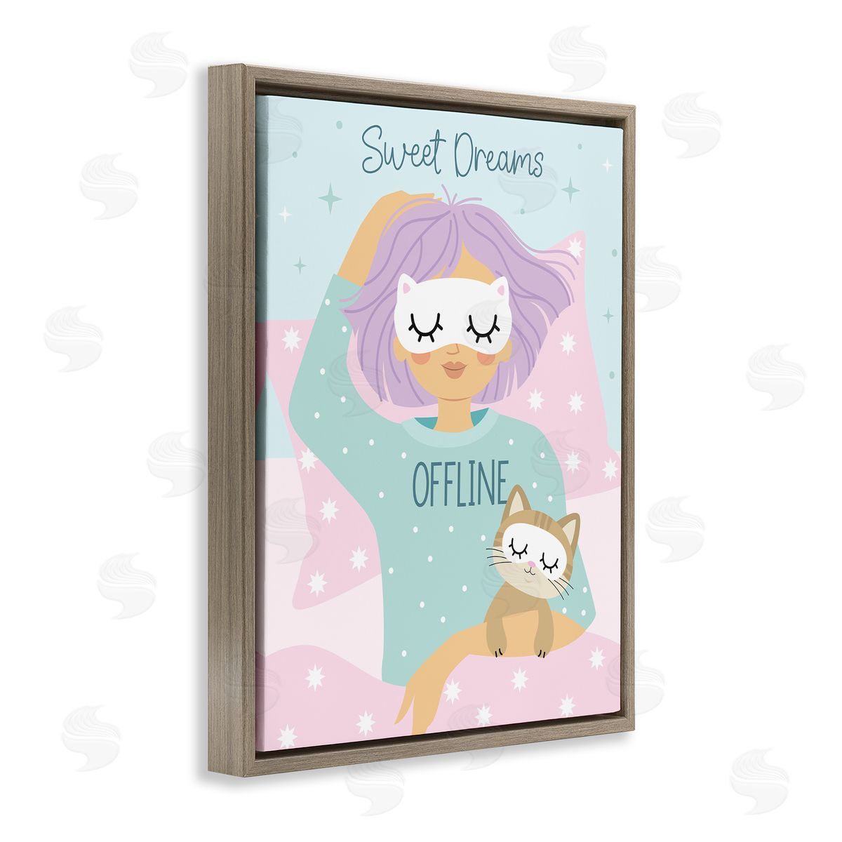Ilis Avilés Sweet Dreams Girl & Cat Brown Floating Frame Canvas Wall Art Print