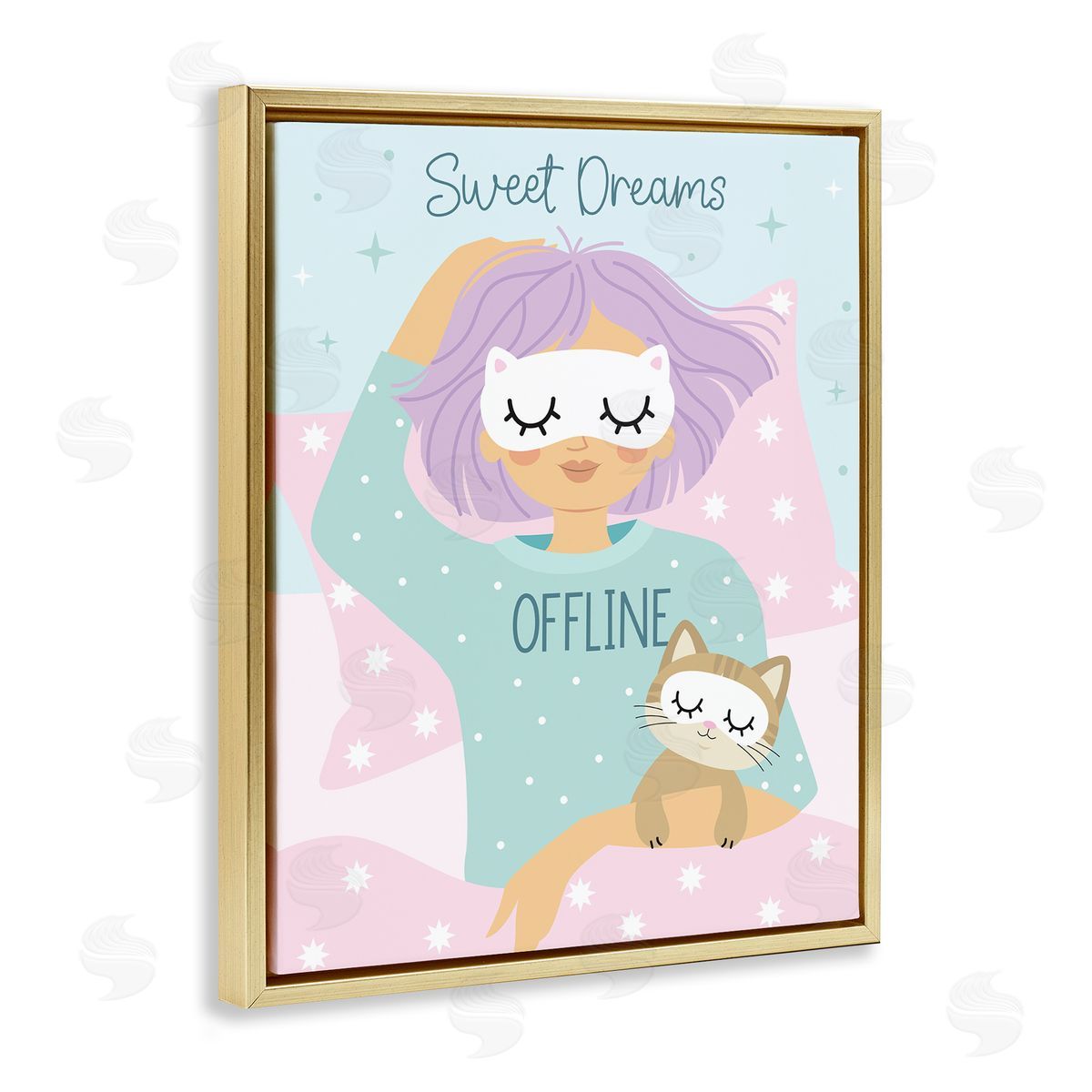 Ilis Avilés Sweet Dreams Girl & Cat Gold Floating Frame Canvas Wall Art Print