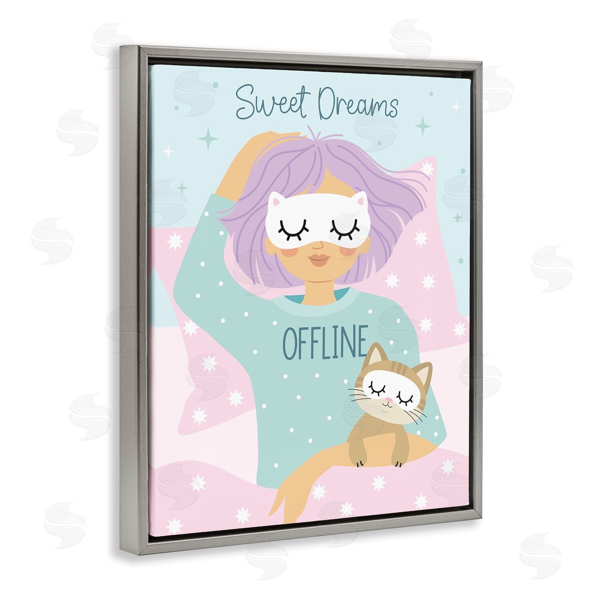 Ilis Avilés Sweet Dreams Girl & Cat Gray Floating Frame Canvas Wall Art Print