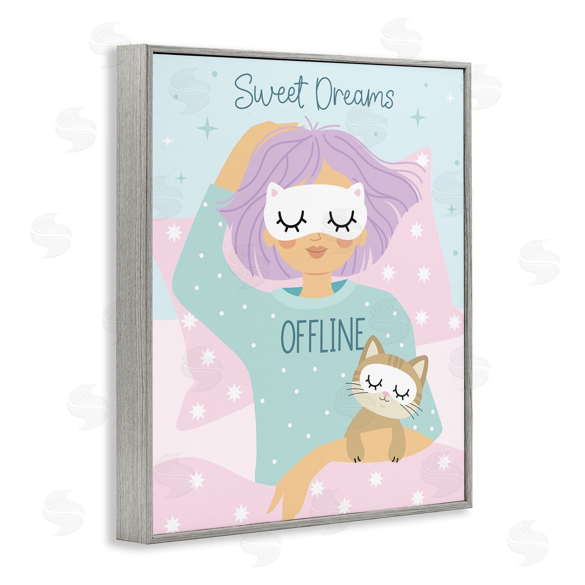 Ilis Avilés Sweet Dreams Girl & Cat Gray Framed Giclee Wall Art Print