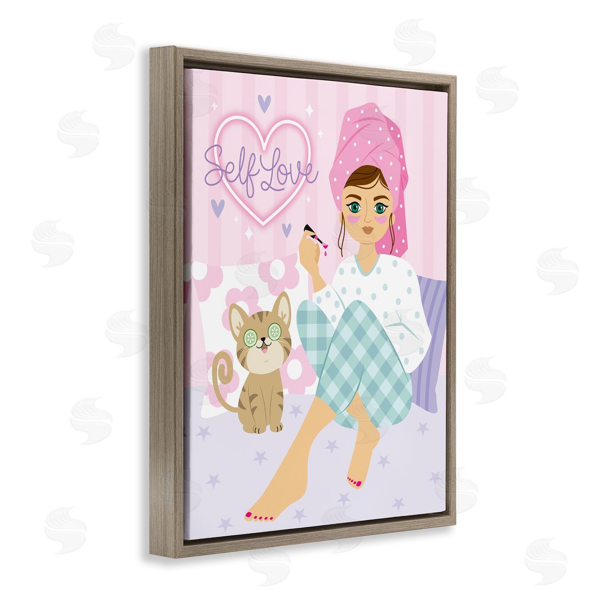 Ilis Avilés Self Love Girl & Cat Brown Floating Frame Canvas Wall Art Print