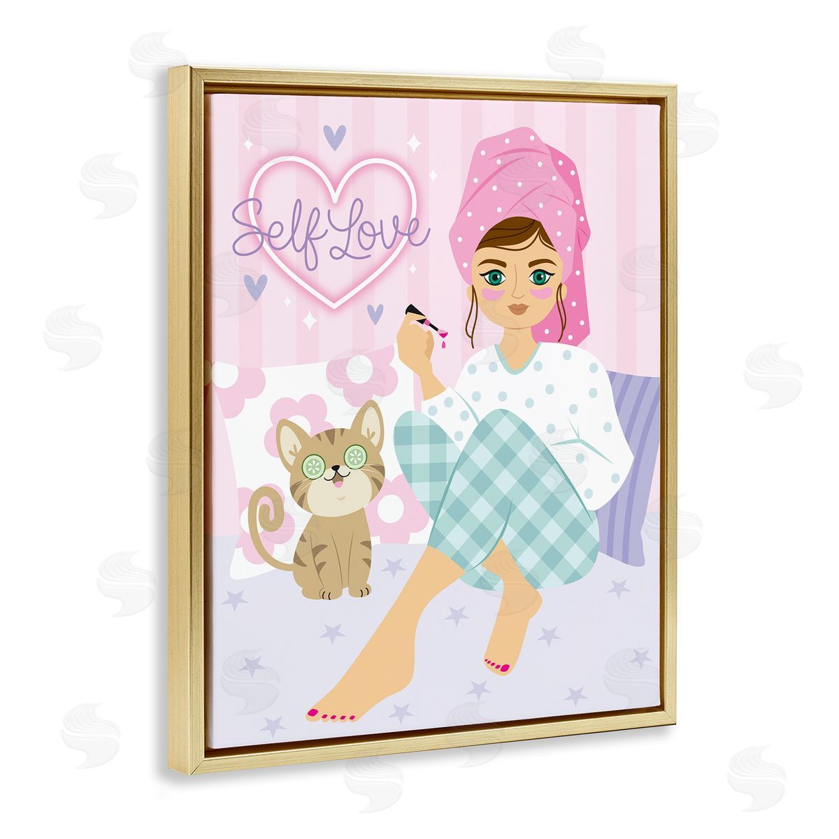 Ilis Avilés Self Love Girl & Cat Gold Floating Frame Canvas Wall Art Print