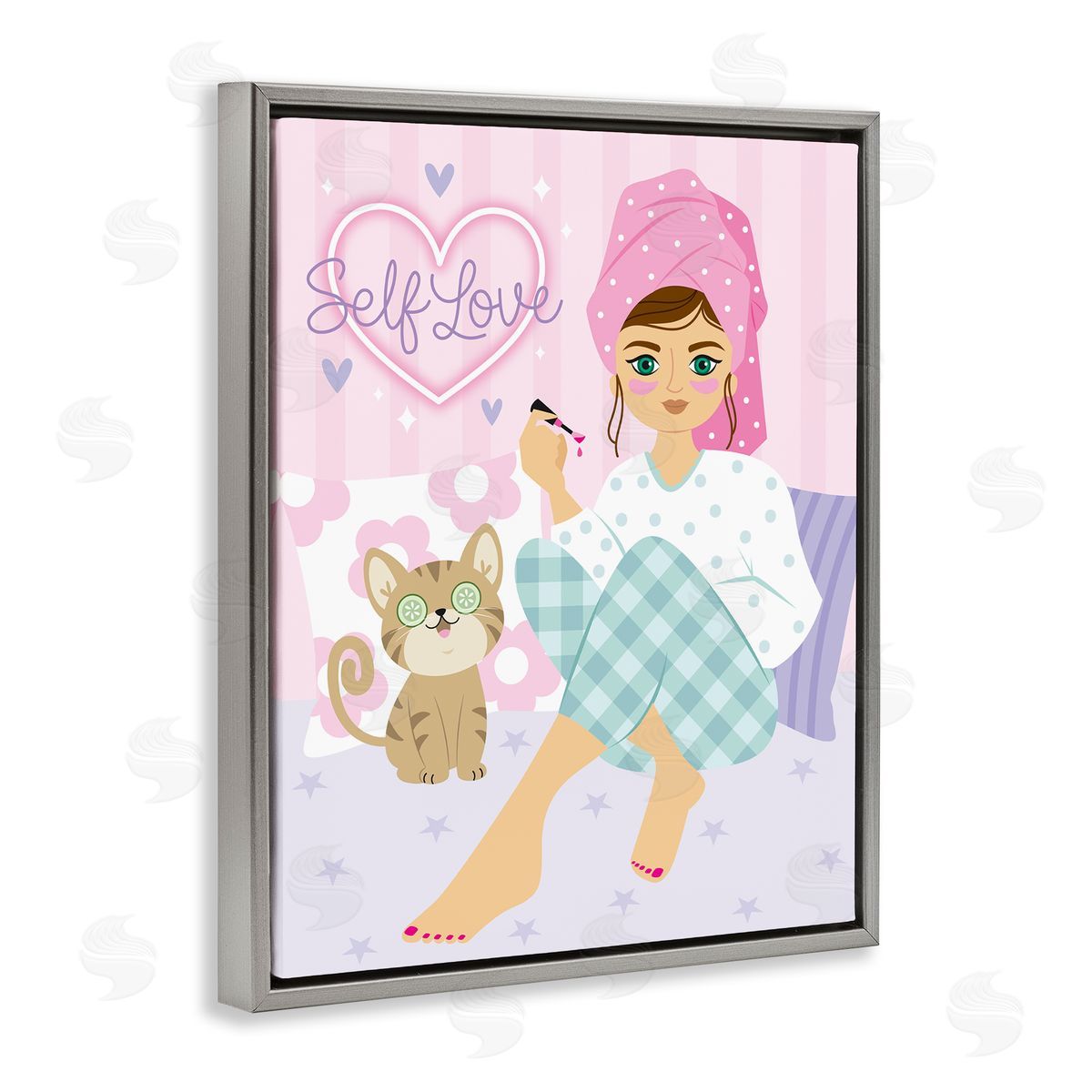 Ilis Avilés Self Love Girl & Cat Gray Floating Frame Canvas Wall Art Print