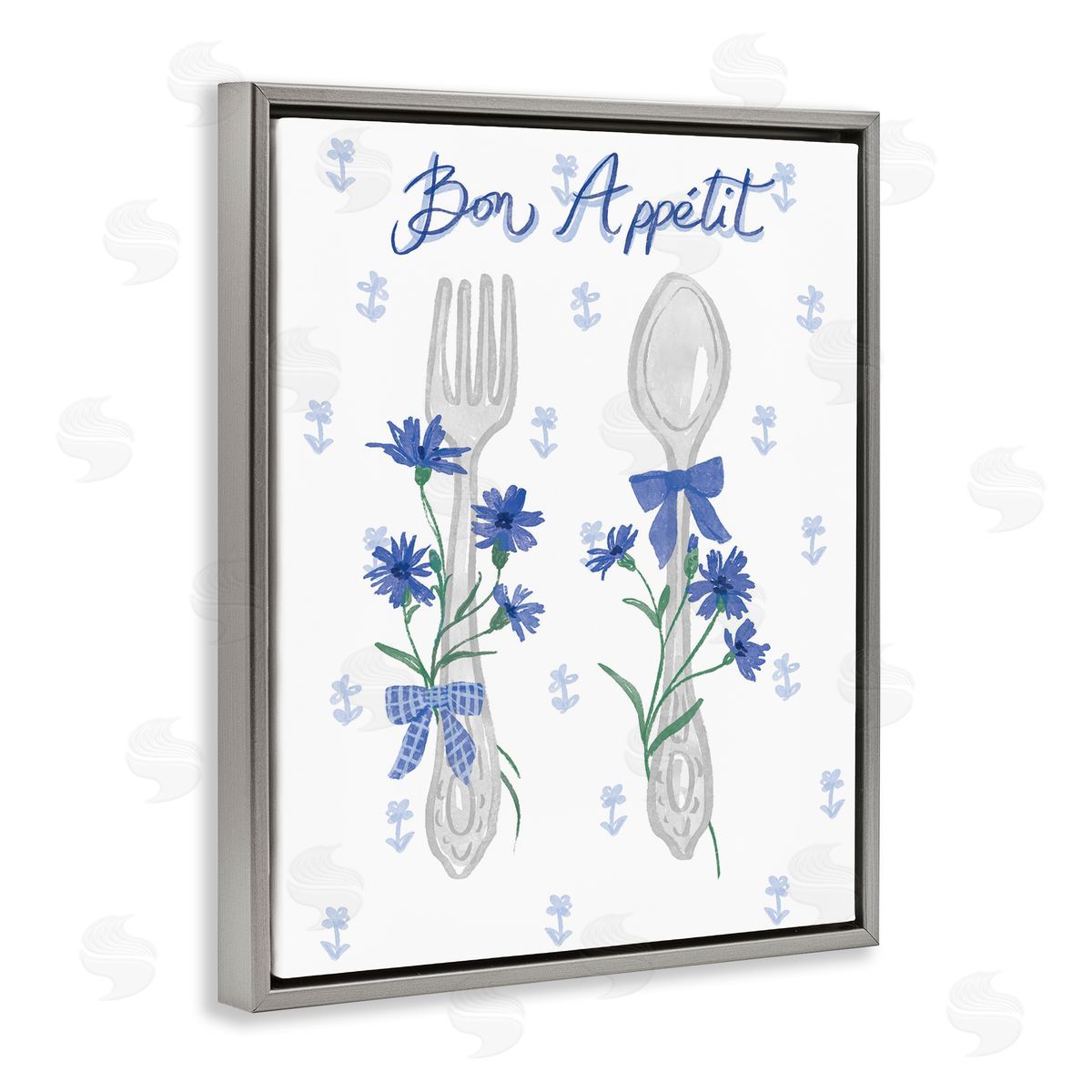 Ilis Avilés Bon Appetit Floral Silverware Gray Floating Frame Canvas Wall Art Print