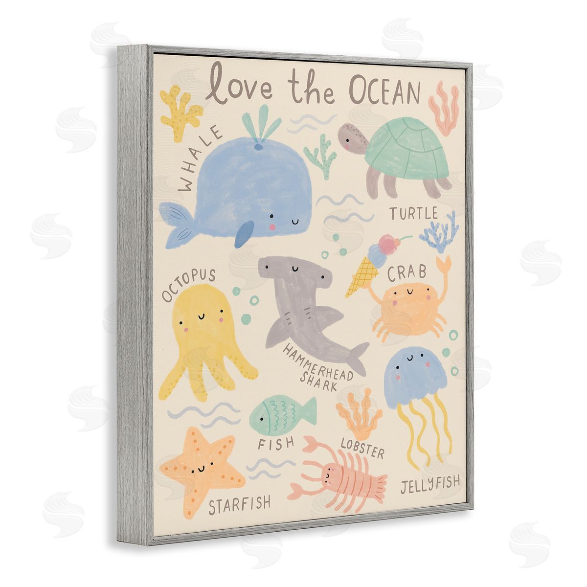 Lisa Barlow Love The Ocean Creatures Gray Framed Giclee Wall Art Print