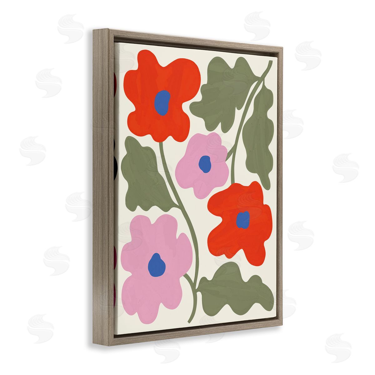 Aralma Red & Pink Bold Flowers Brown Floating Frame Canvas Wall Art Print