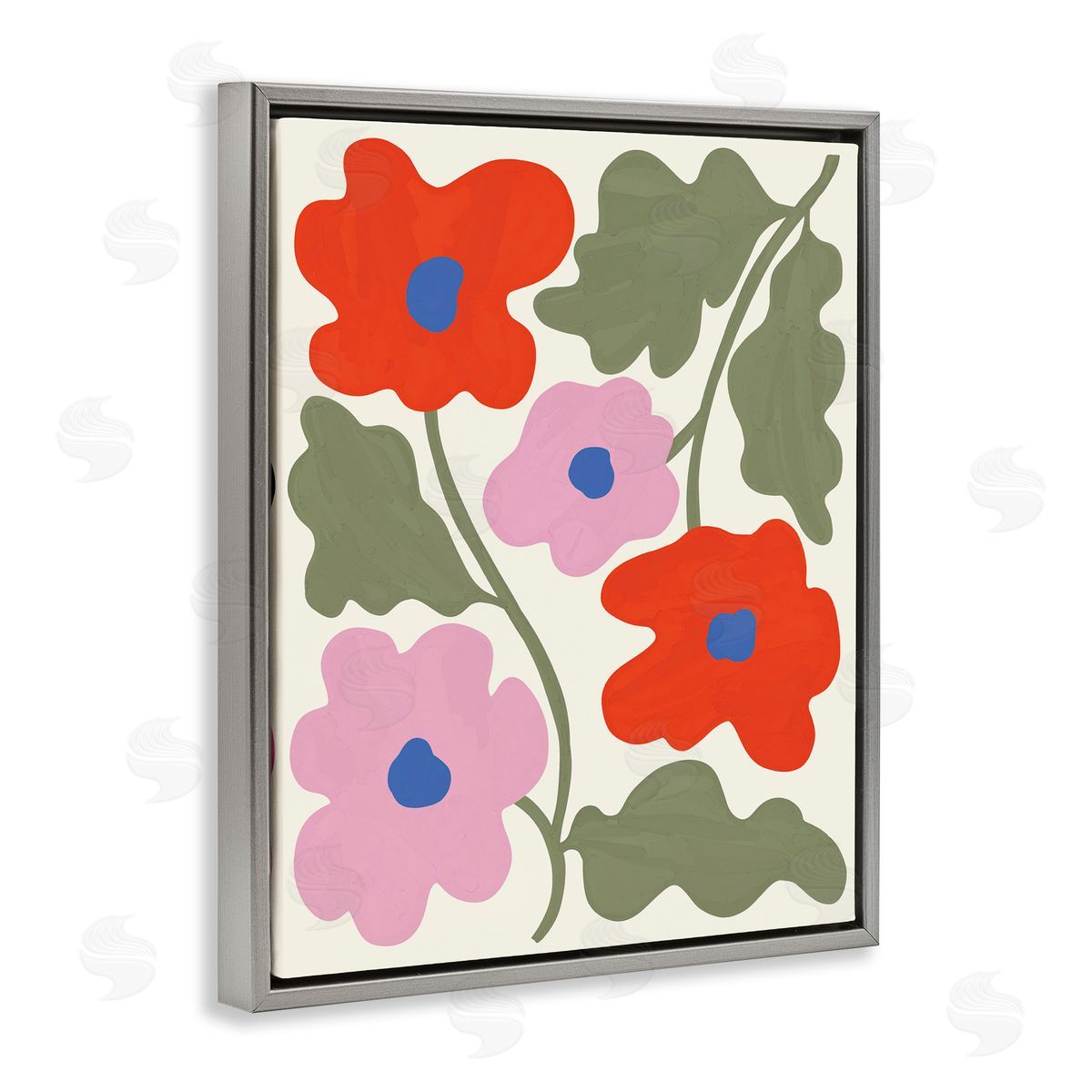 Aralma Red & Pink Bold Flowers Gray Floating Frame Canvas Wall Art Print