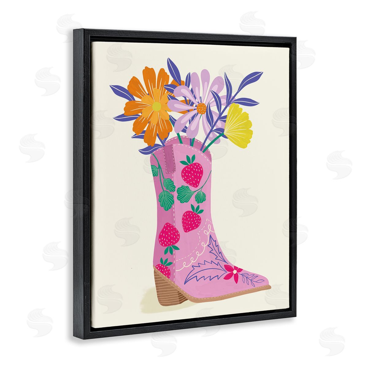 Aralma Strawberry Patterned Floral Boots Black Floating Frame Canvas Wall Art Print