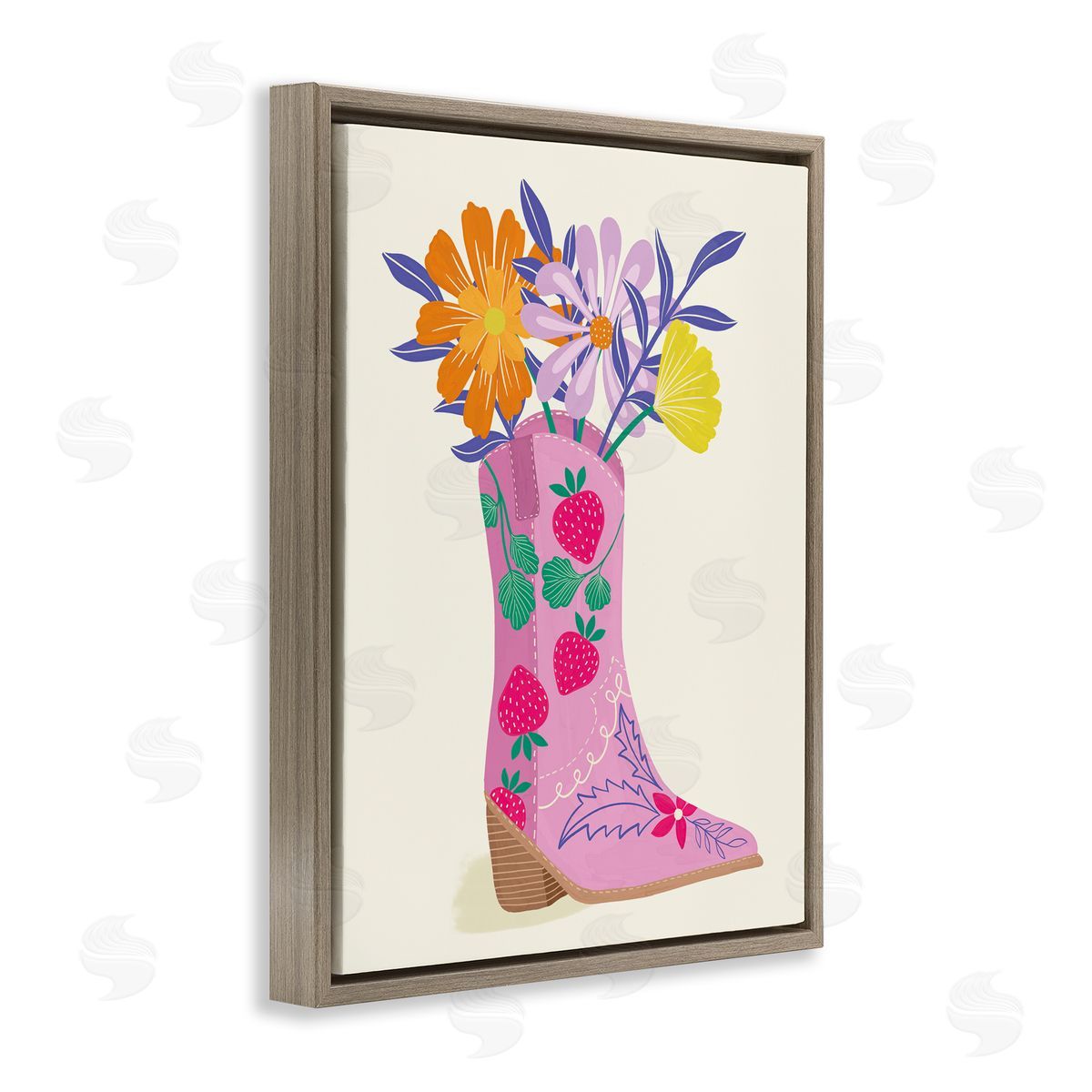 Aralma Strawberry Patterned Floral Boots Brown Floating Frame Canvas Wall Art Print