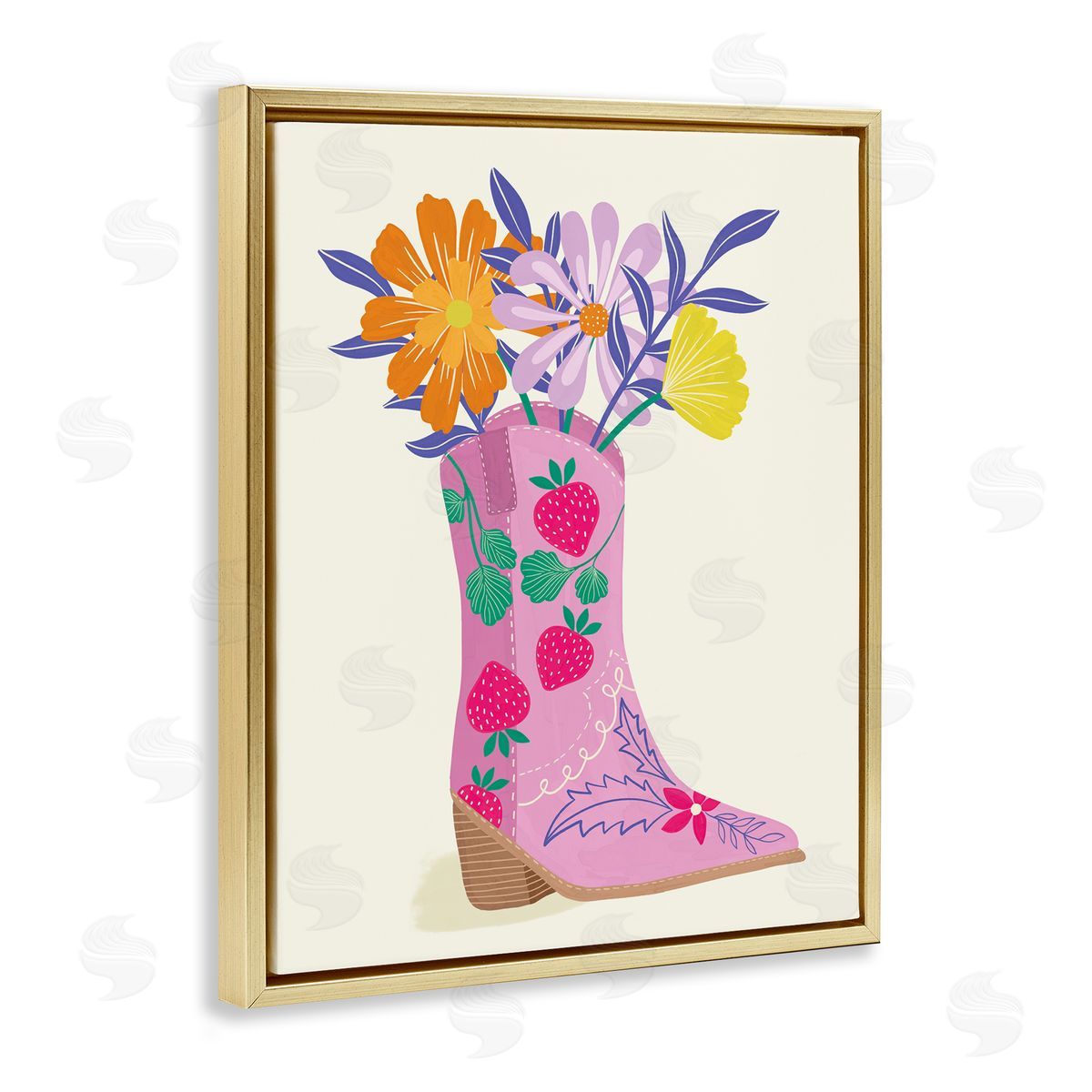 Aralma Strawberry Patterned Floral Boots Gold Floating Frame Canvas Wall Art Print