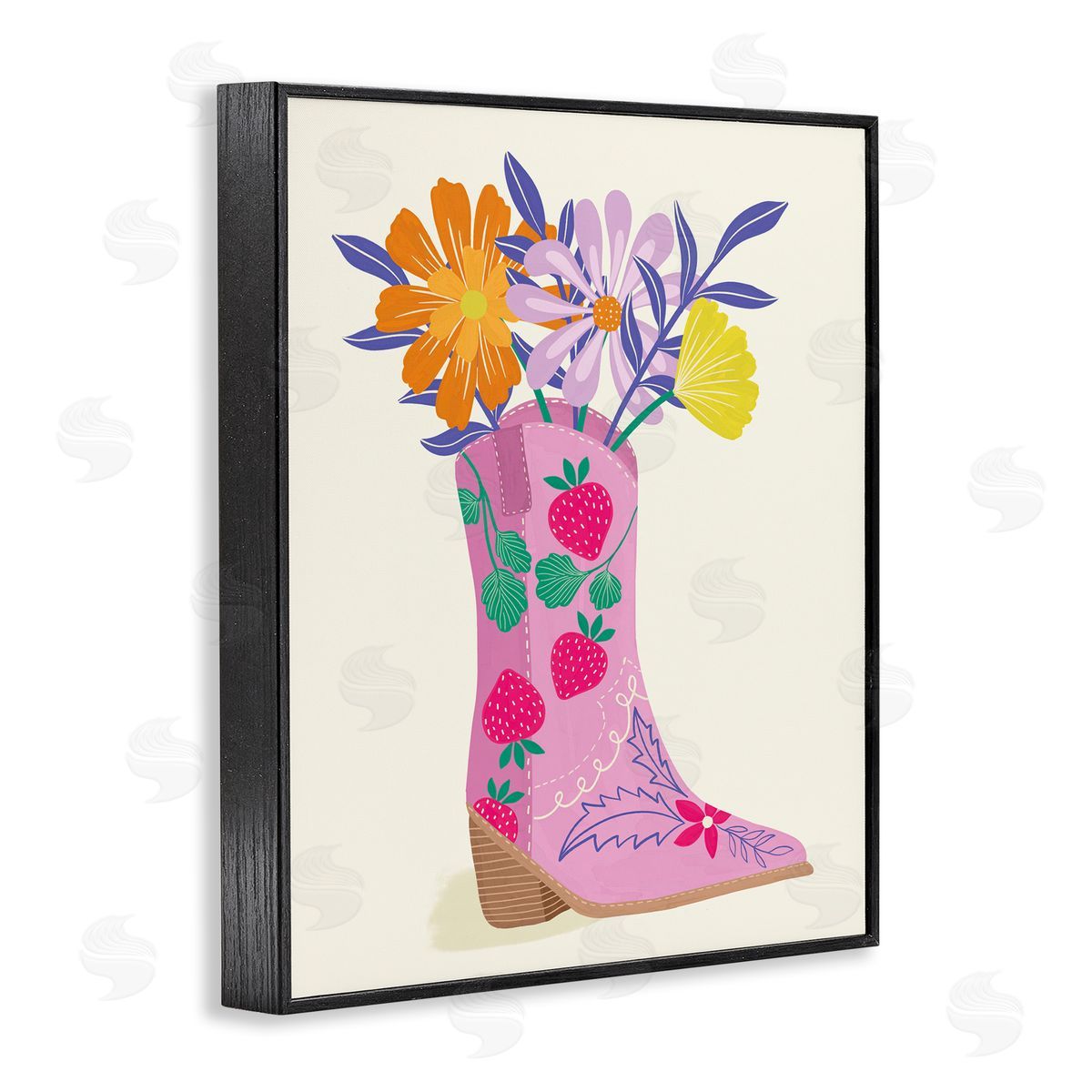 Aralma Strawberry Patterned Floral Boots Black Framed Giclee Wall Art Print