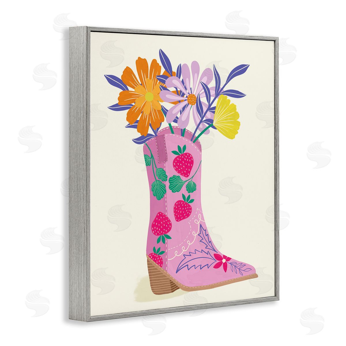 Aralma Strawberry Patterned Floral Boots Gray Framed Giclee Wall Art Print