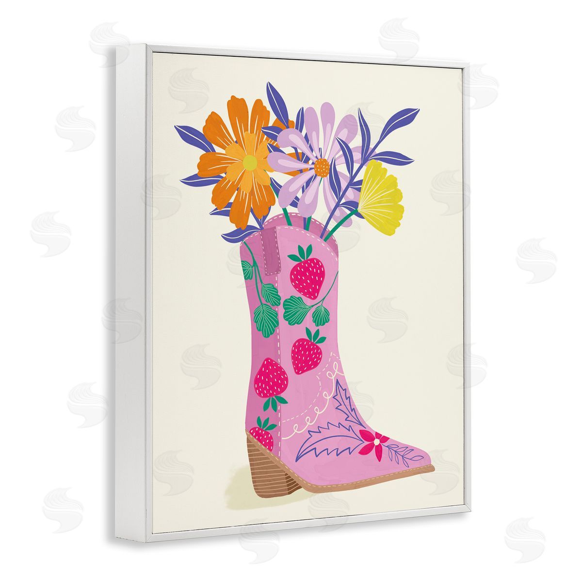 Aralma Strawberry Patterned Floral Boots White Framed Giclee Wall Art Print