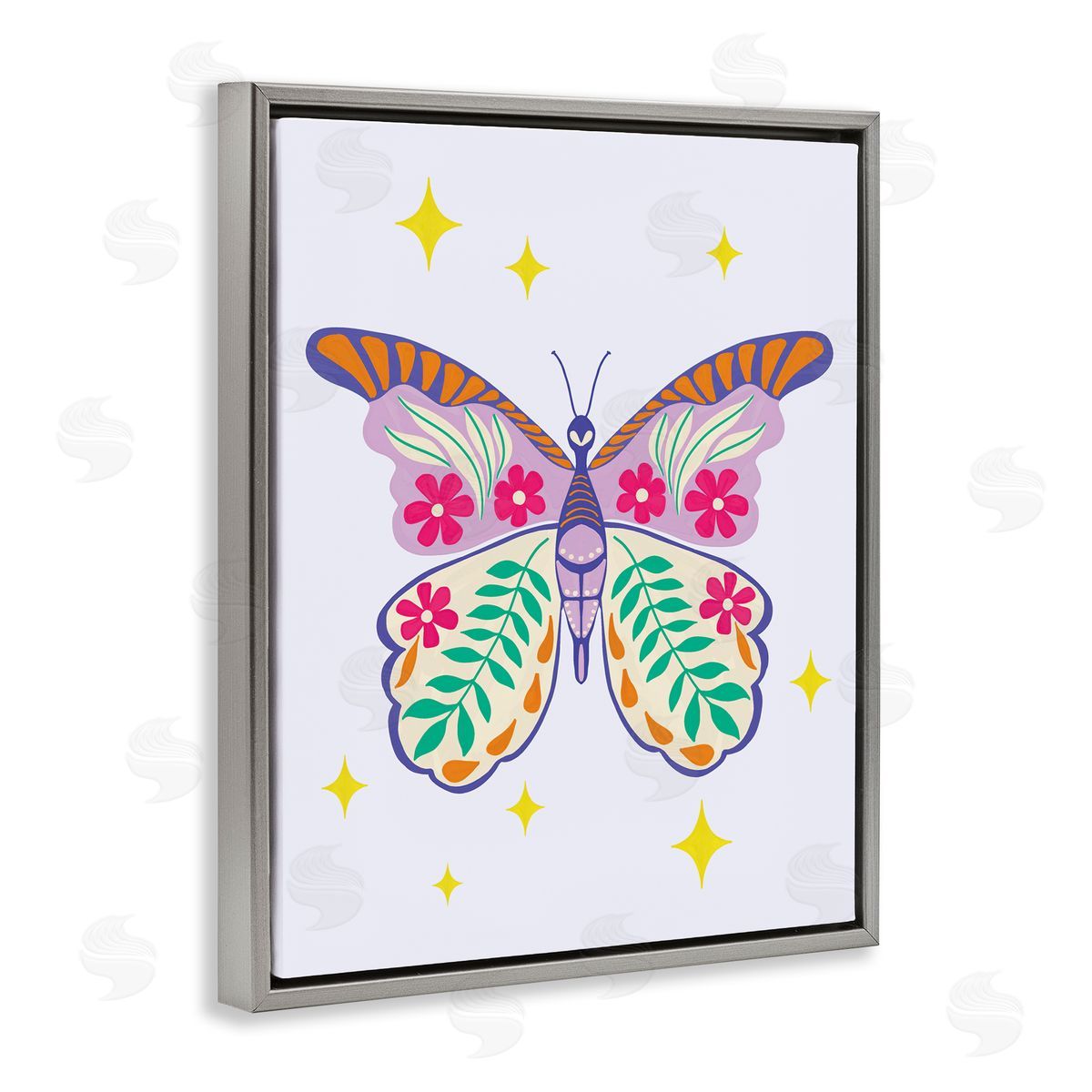 Aralma Free Spirit Floral Butterfly Gray Floating Frame Canvas Wall Art Print