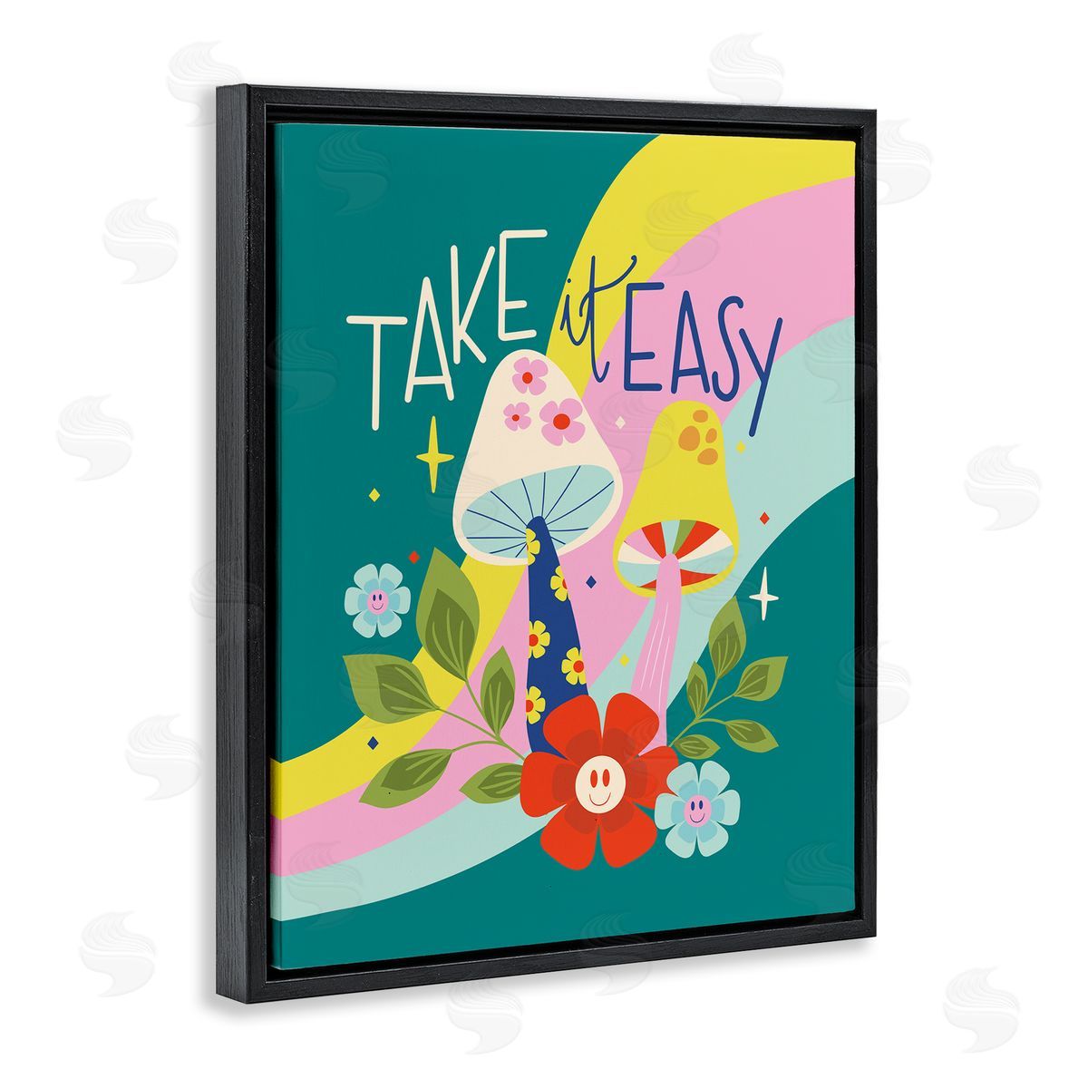 Louise Allen Designs Take It Easy Mushrooms Black Floating Frame Canvas Wall Art Print