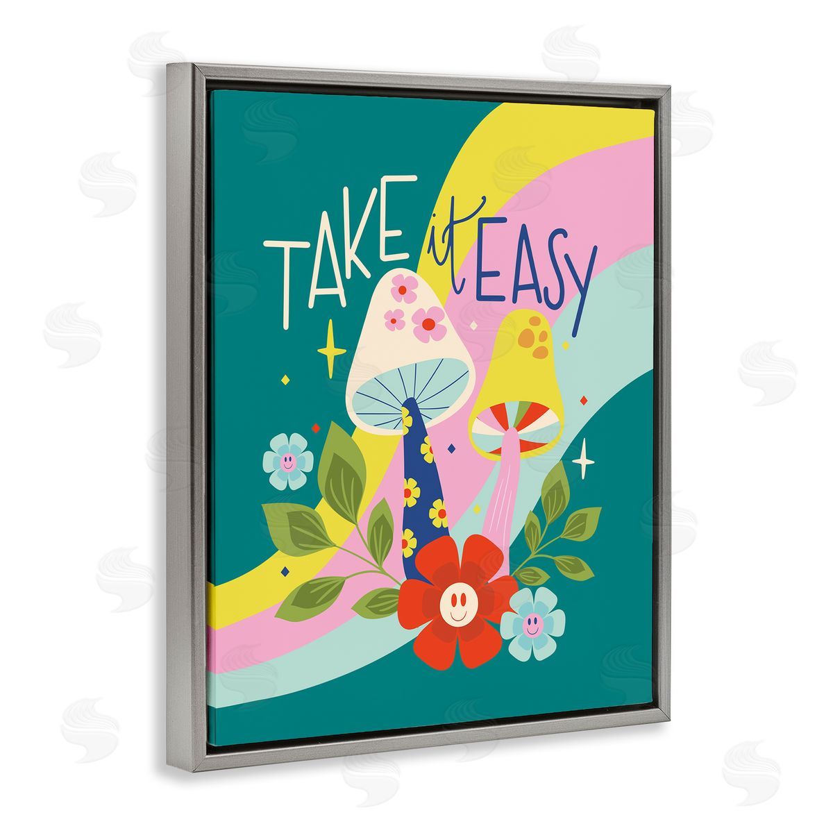 Louise Allen Designs Take It Easy Mushrooms Gray Floating Frame Canvas Wall Art Print