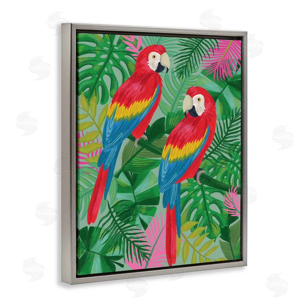 Lisa Perry Whitebutton Pink Paradise Parrots Gray Floating Frame Canvas Wall Art Print
