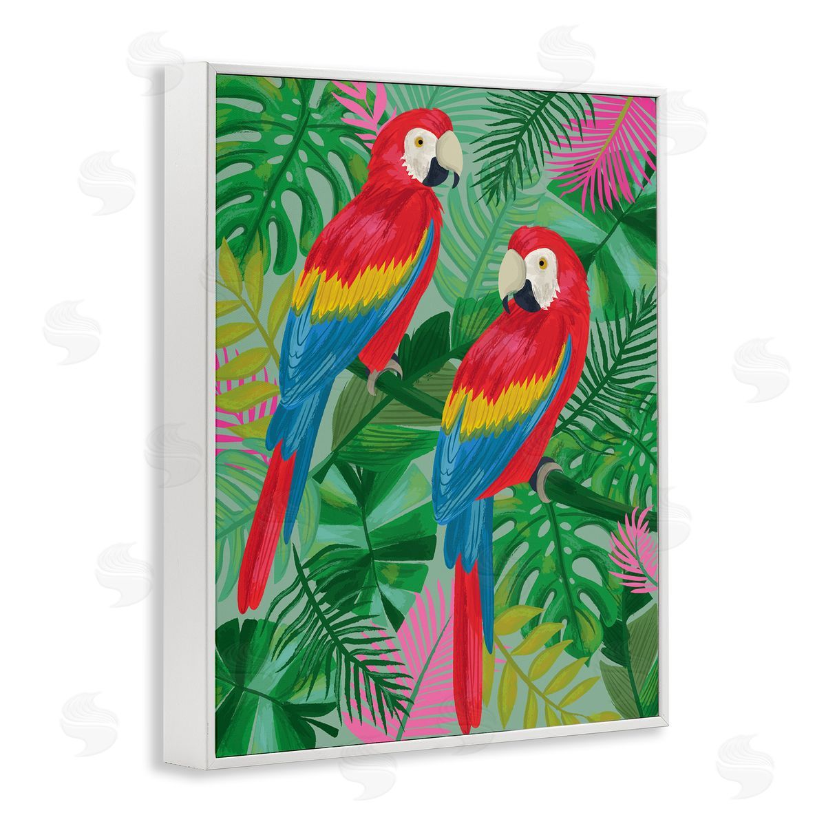 Lisa Perry Whitebutton Pink Paradise Parrots White Framed Giclee Wall Art Print