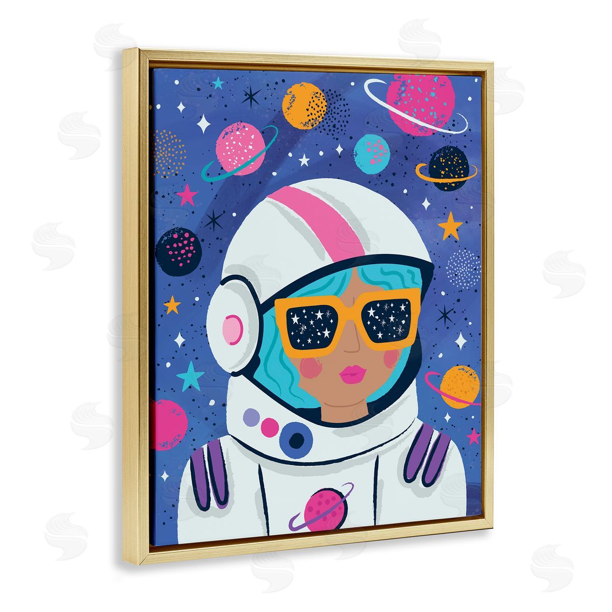 Lisa Perry Whitebutton Astronaut Gal in Space Gold Floating Frame Canvas Wall Art Print
