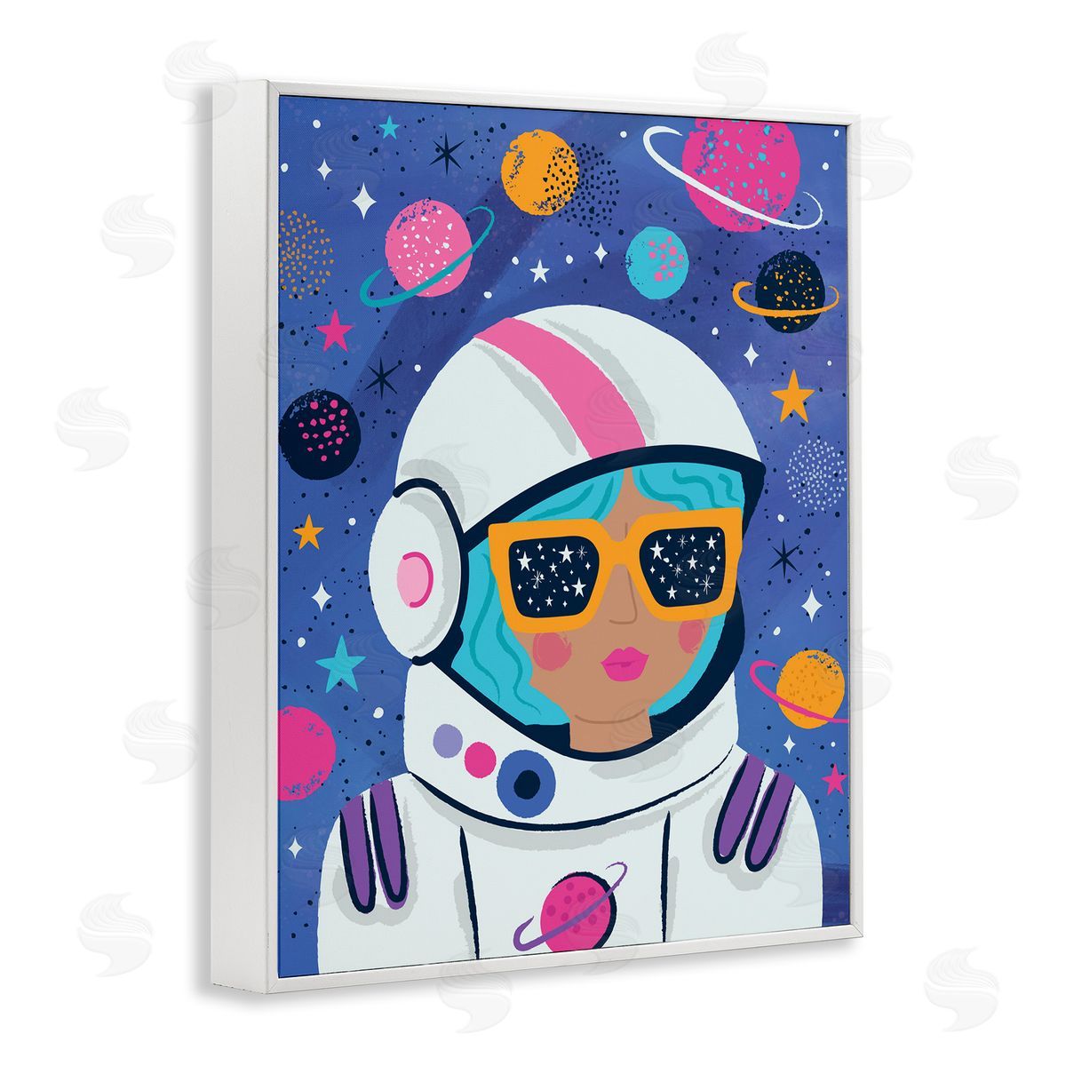 Lisa Perry Whitebutton Astronaut Gal in Space White Framed Giclee Wall Art Print