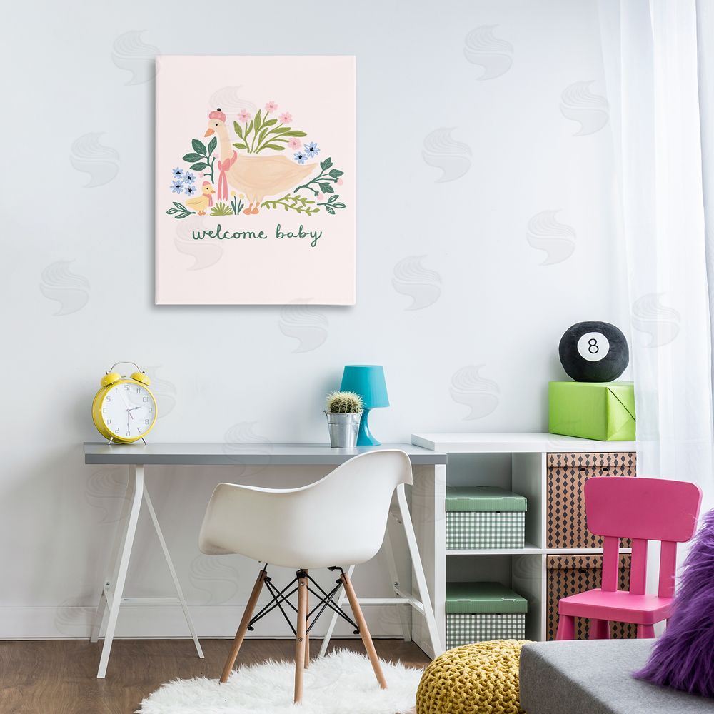 Nina Muis Surface Design Welcome Baby Floral Duck Canvas Wall Art Print in Room