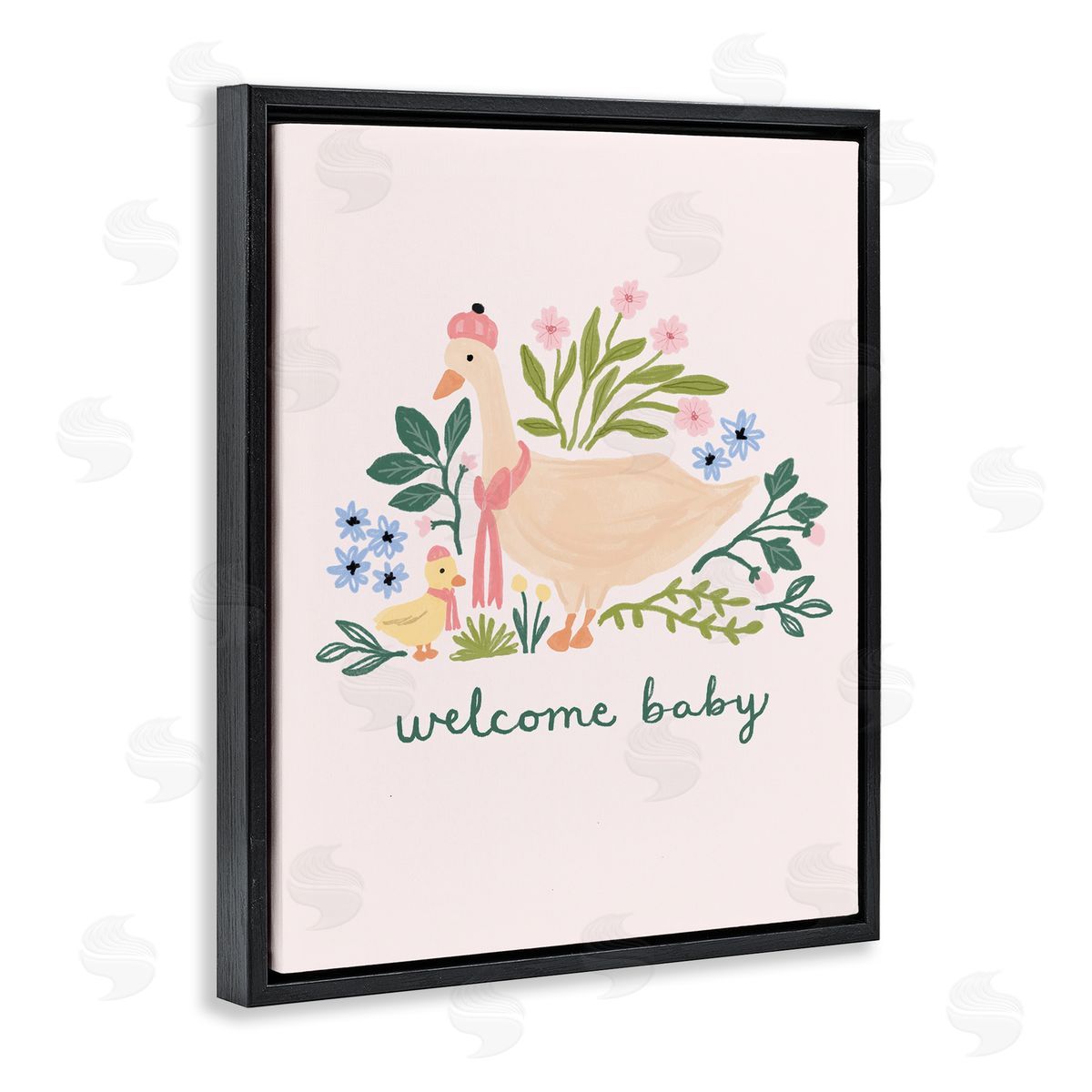 Nina Muis Surface Design Welcome Baby Floral Duck Black Floating Frame Canvas Wall Art Print