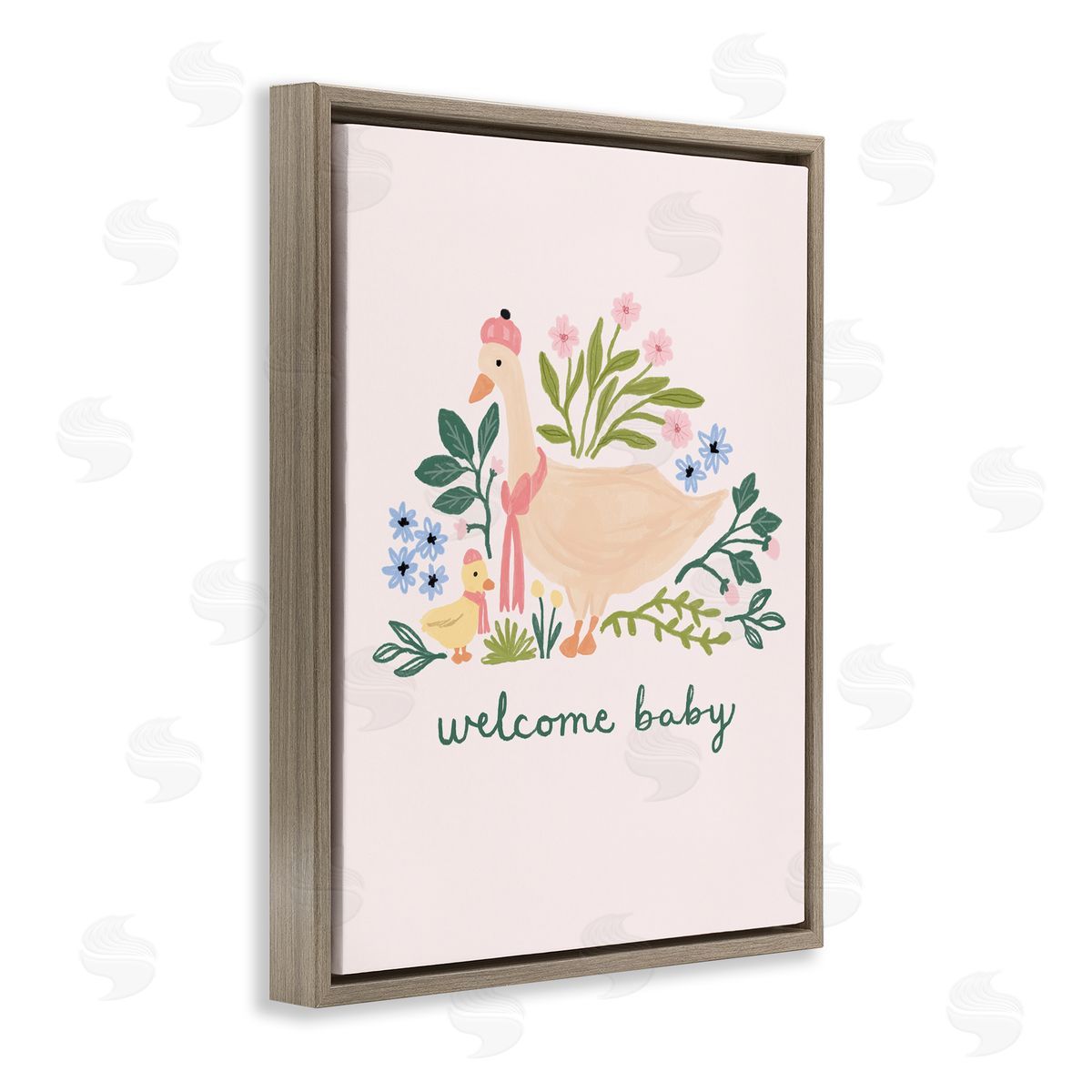 Nina Muis Surface Design Welcome Baby Floral Duck Brown Floating Frame Canvas Wall Art Print