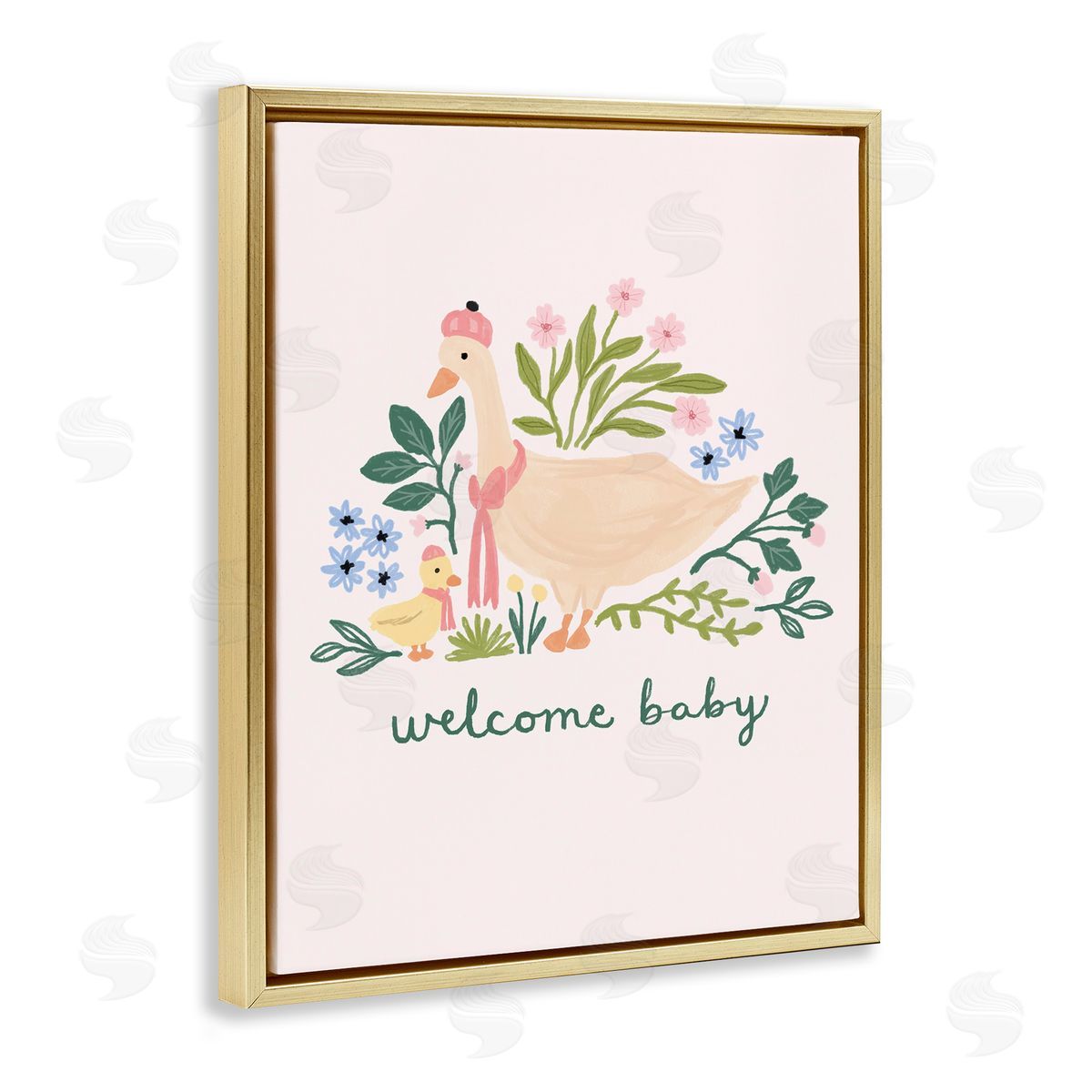 Nina Muis Surface Design Welcome Baby Floral Duck Gold Floating Frame Canvas Wall Art Print