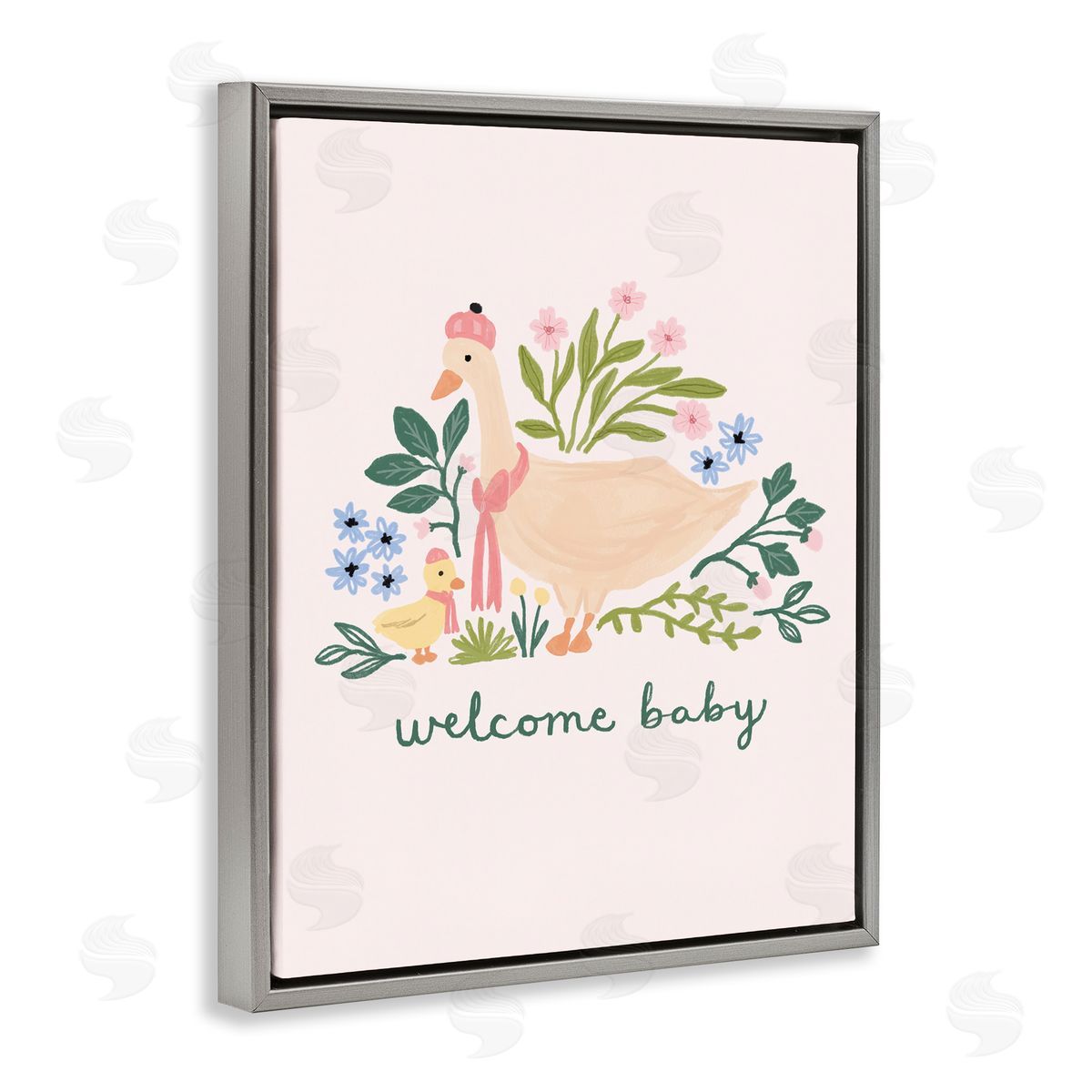 Nina Muis Surface Design Welcome Baby Floral Duck Gray Floating Frame Canvas Wall Art Print