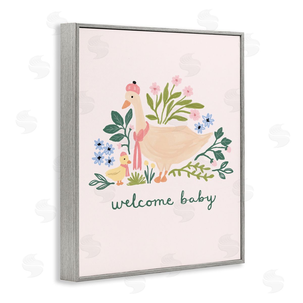 Nina Muis Surface Design Welcome Baby Floral Duck Gray Framed Giclee Wall Art Print