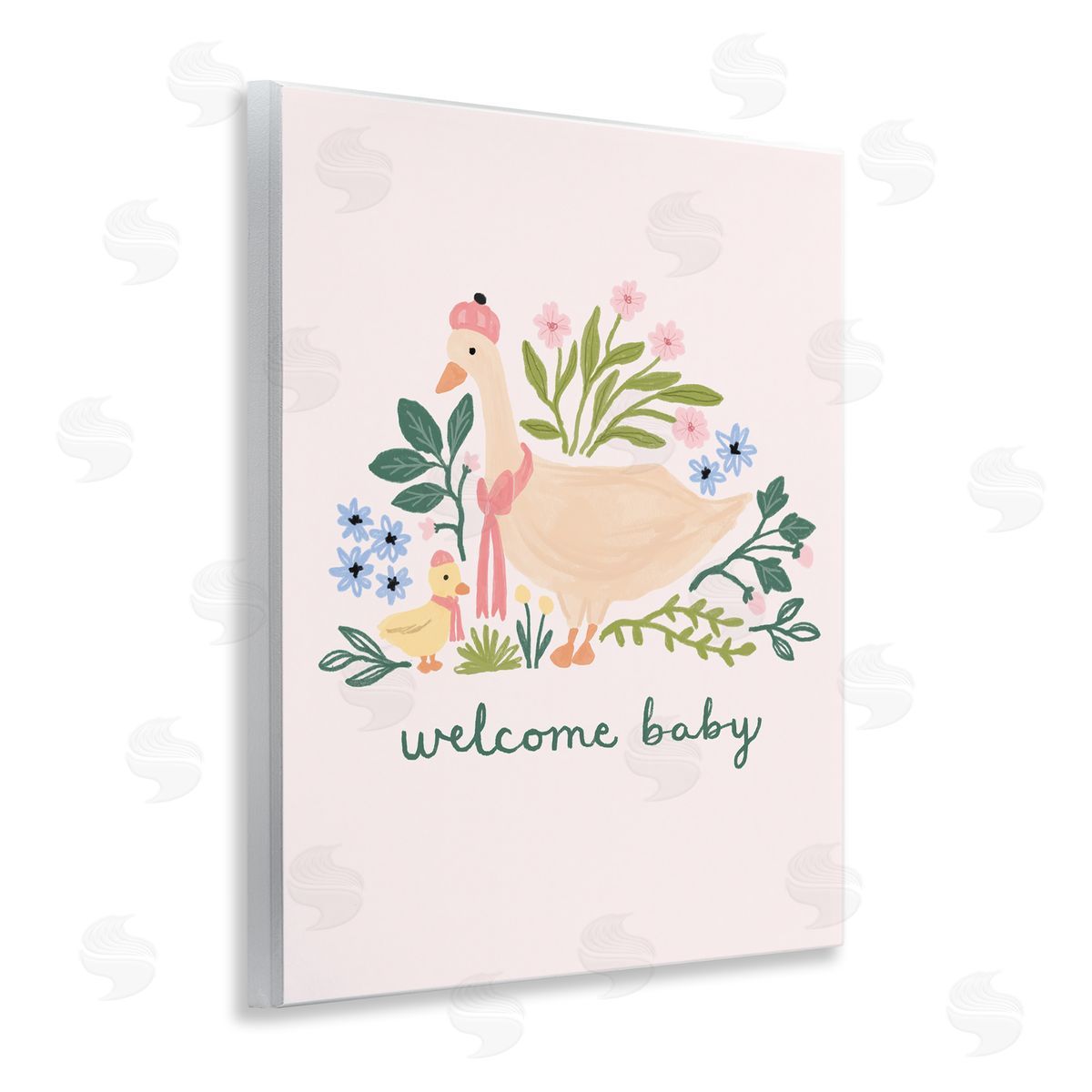 Nina Muis Surface Design Welcome Baby Floral Duck Wooden Wall Plaque Art Print