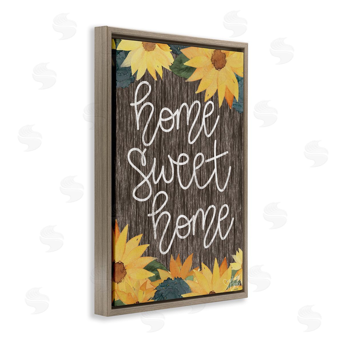 Stephanie Dicks Floral Welcome Phrase Brown Floating Frame Canvas Wall Art Print