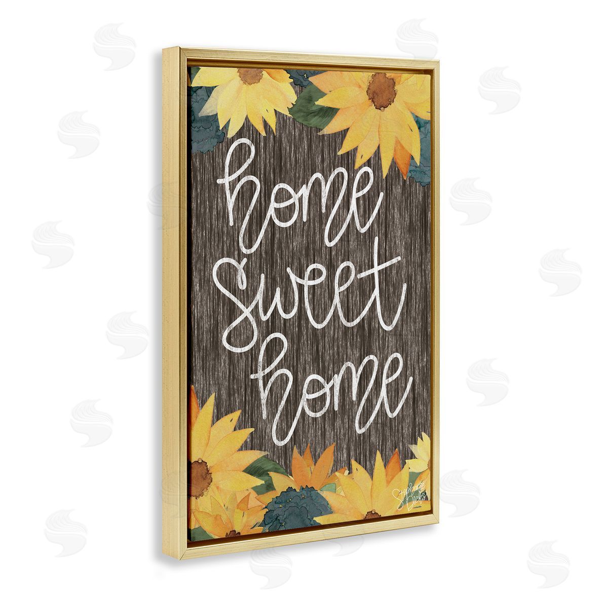 Stephanie Dicks Floral Welcome Phrase Gold Floating Frame Canvas Wall Art Print