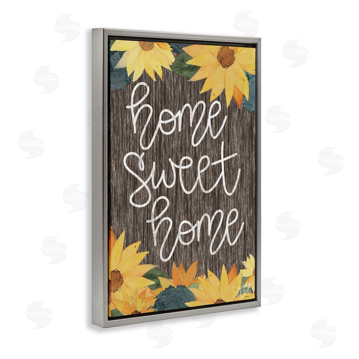 Stephanie Dicks Floral Welcome Phrase Gray Floating Frame Canvas Wall Art Print