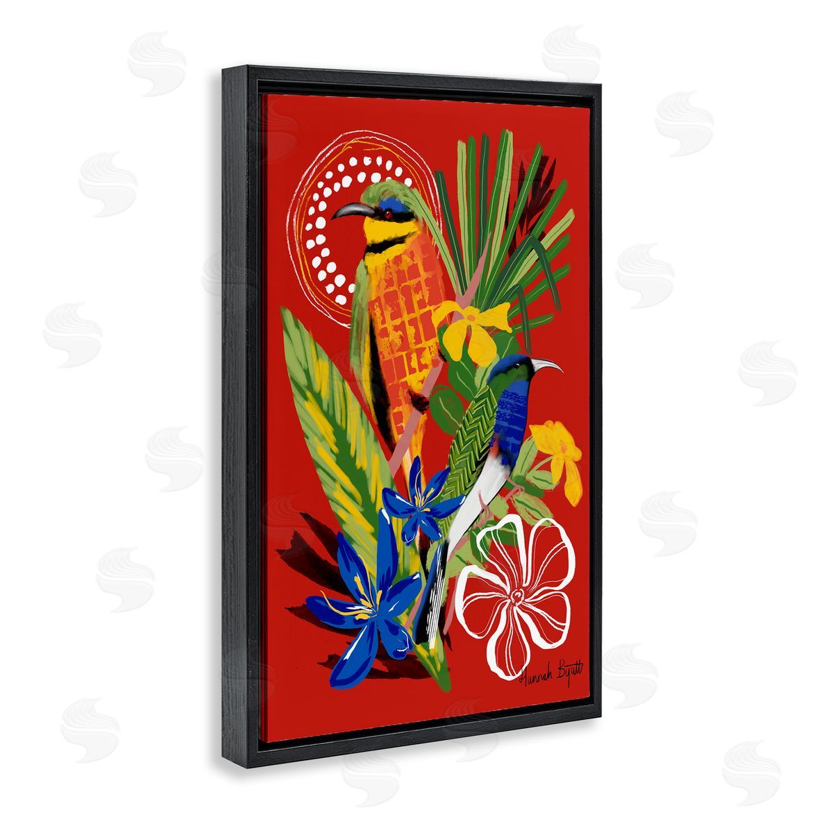 Hannah Byatt Gambia Inspired Birds Black Floating Frame Canvas Wall Art Print