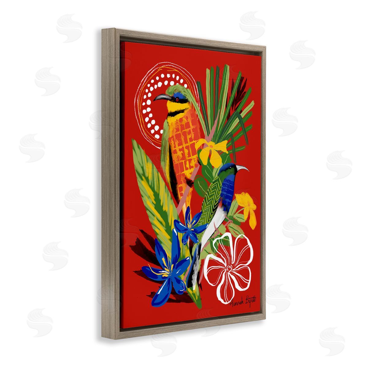 Hannah Byatt Gambia Inspired Birds Brown Floating Frame Canvas Wall Art Print